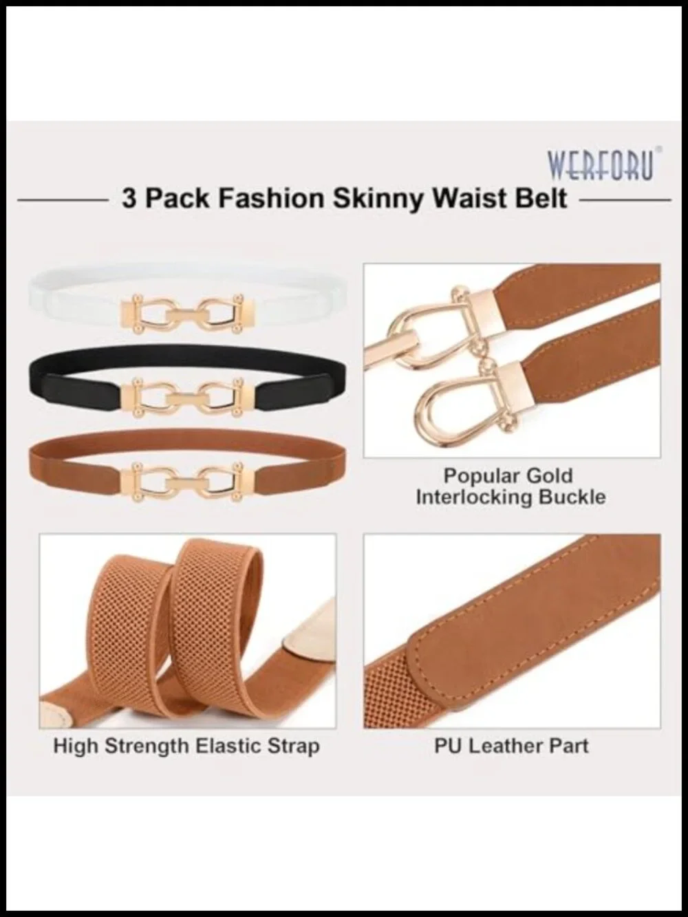 Women's Skinny Stretch Belt with Gold Alloy Buckle, Faux Leather, 3 Pack